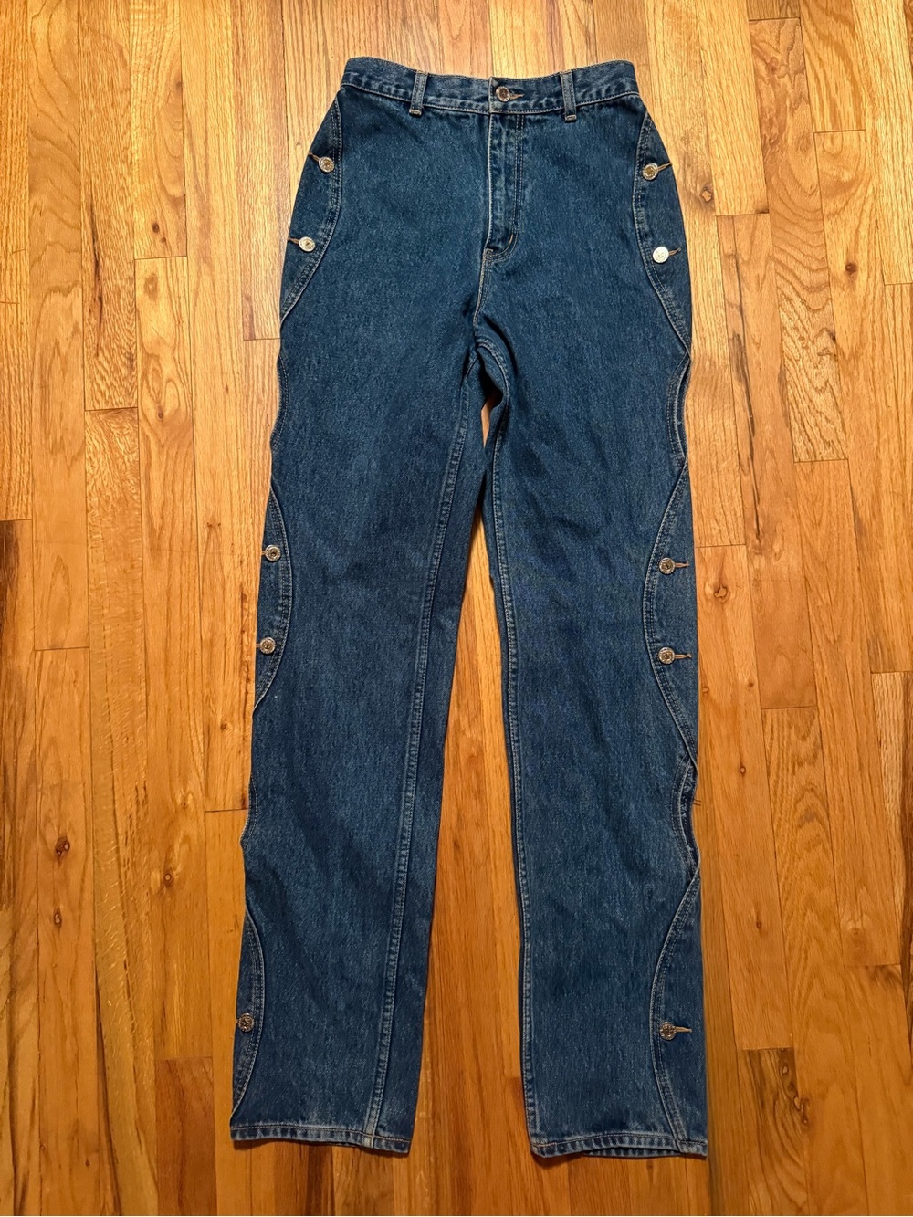 Vintage Lawman Western bareback jeans with leg cutouts, 25” waist